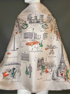 Delightful Rare Vintage 50s Paris Souvenir Scarf 34 In Excellent Condition